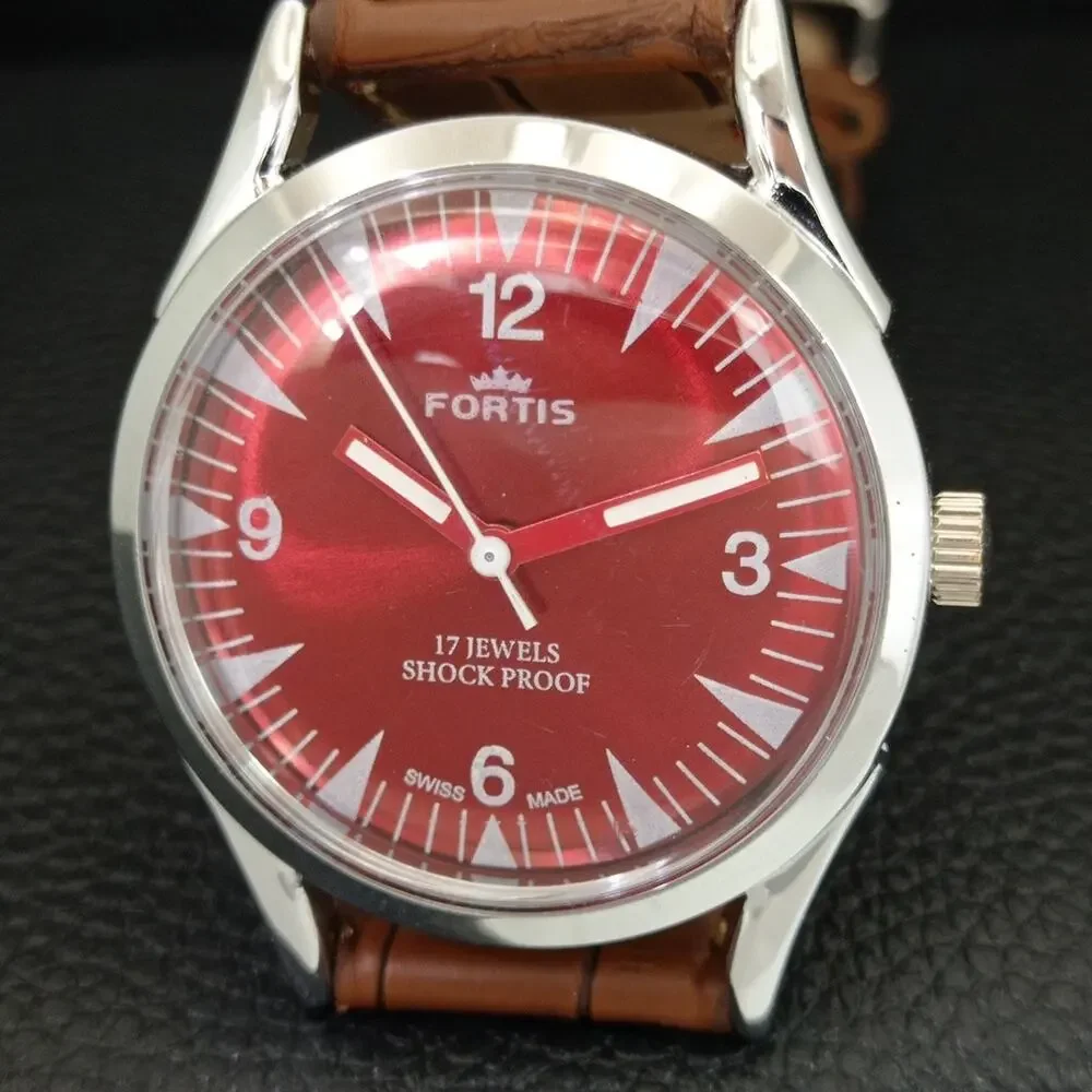 Vintage 1974 Fortis Manual Mens Silver Watch W/Leather Strap & Red accents